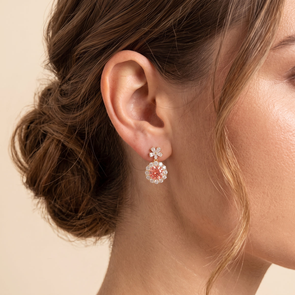 Antoinette Round Padparadscha Sapphire & Diamond Halo Pendant Earrings with Flower Bail in Gold