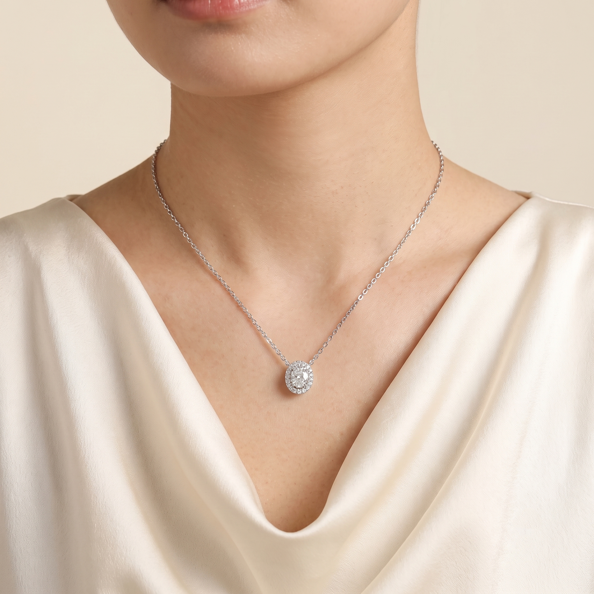Mina Diamond necklace in white gold worn by a model, Juvetti London