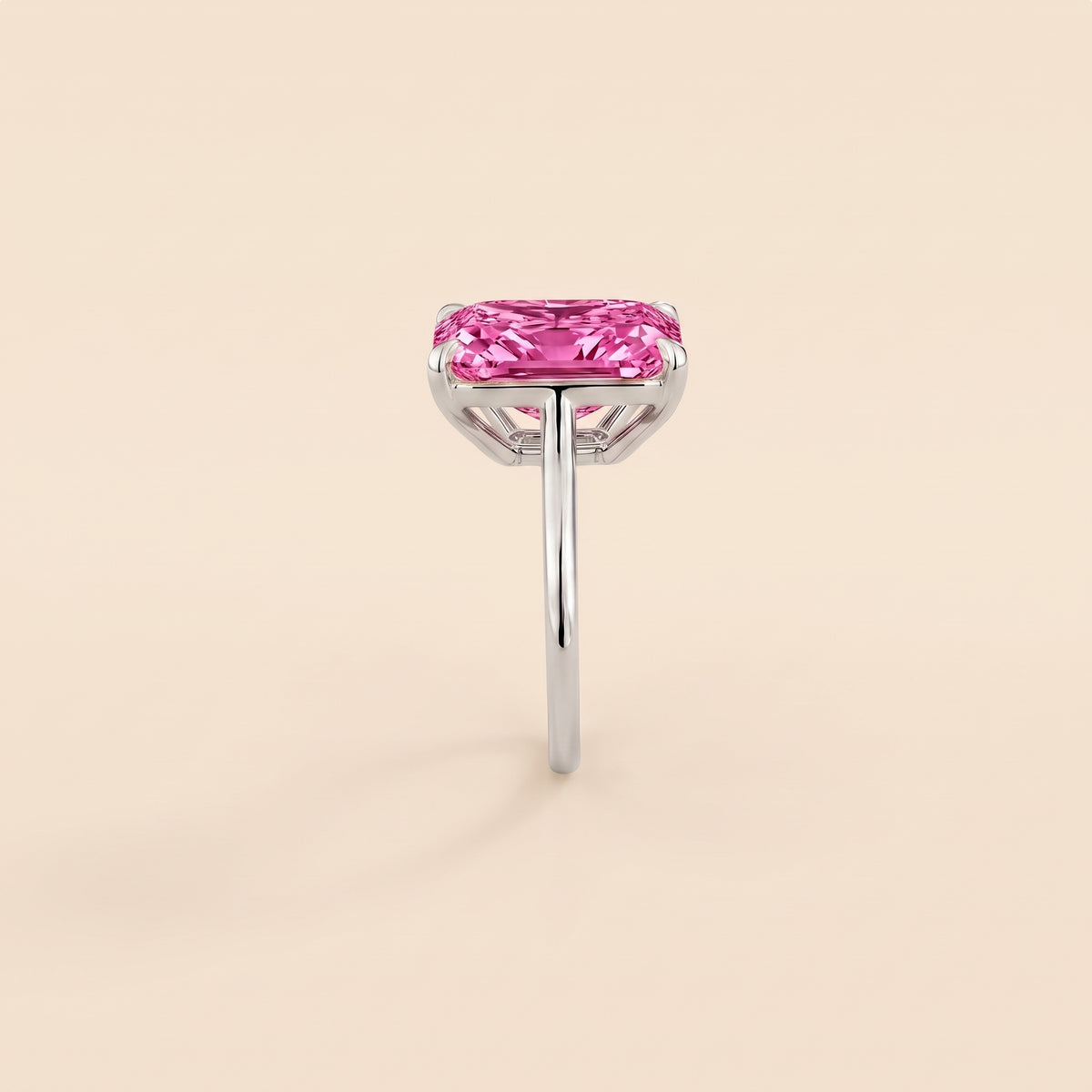 Clair Radiant Shape Vivid Pink Sapphire Cathedral Solitaire Ring side edge
