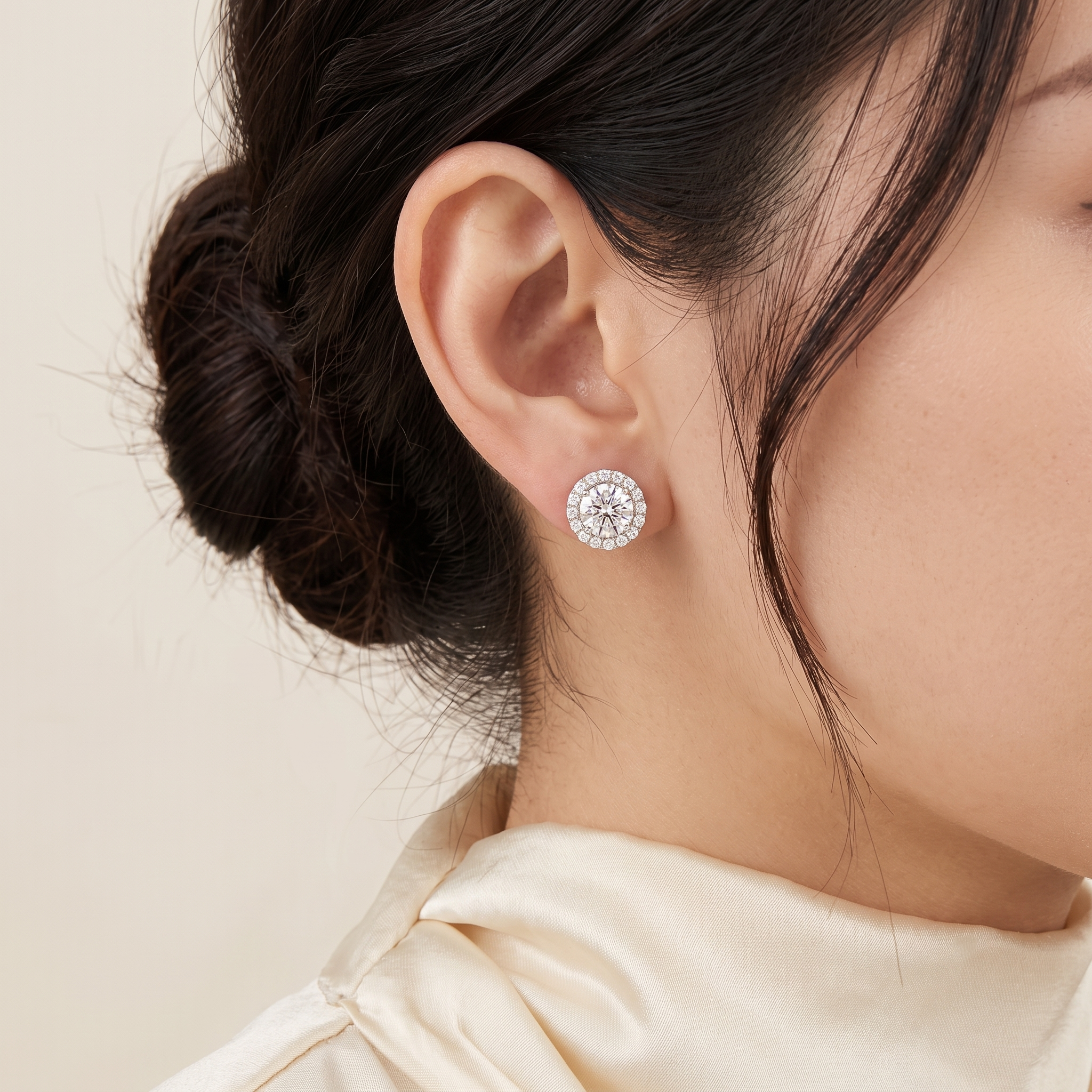 Round & Diamond Halo Stud Earrings – lifestyle