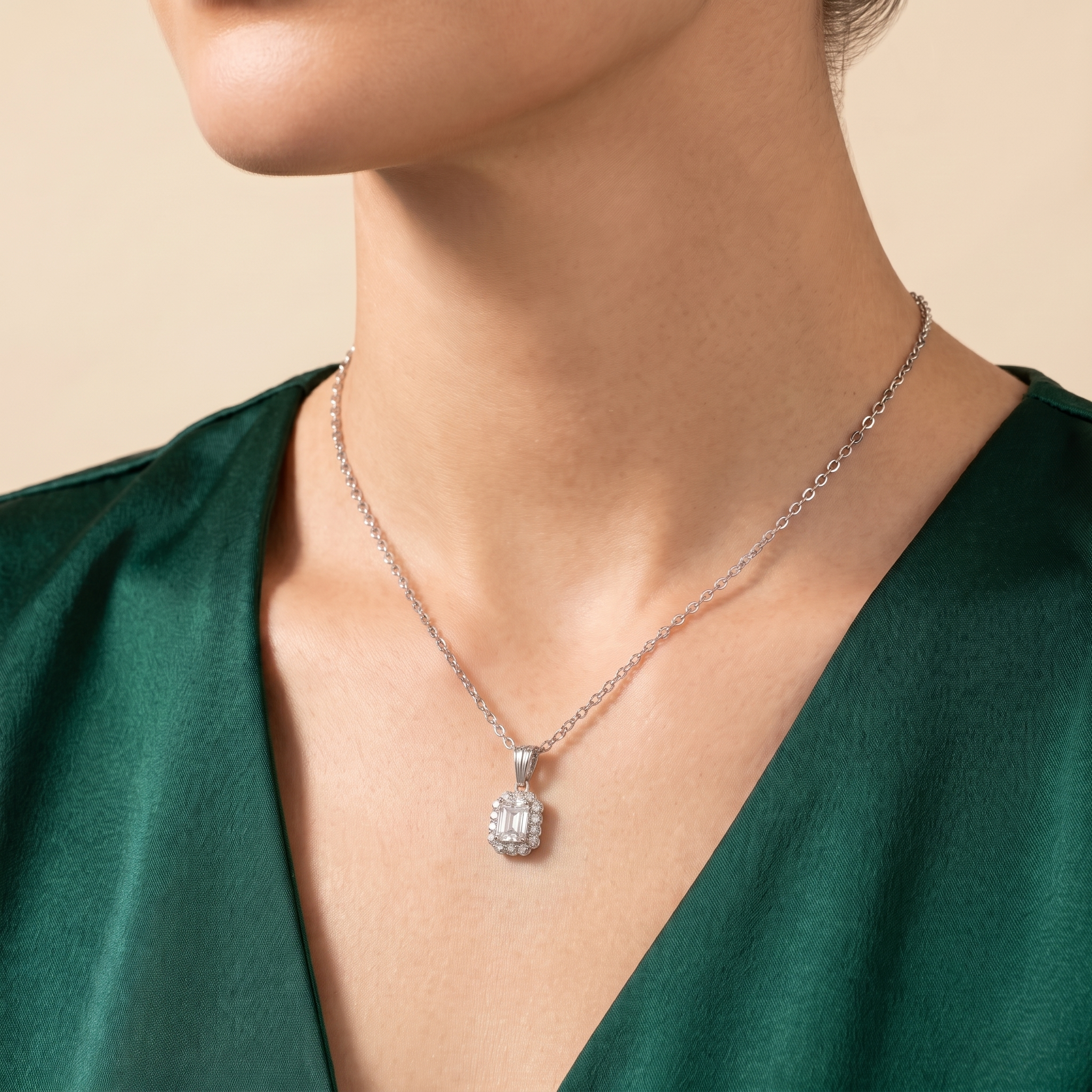 Emerald-cut Diamond & Diamond Halo Pendant Necklace in White Gold