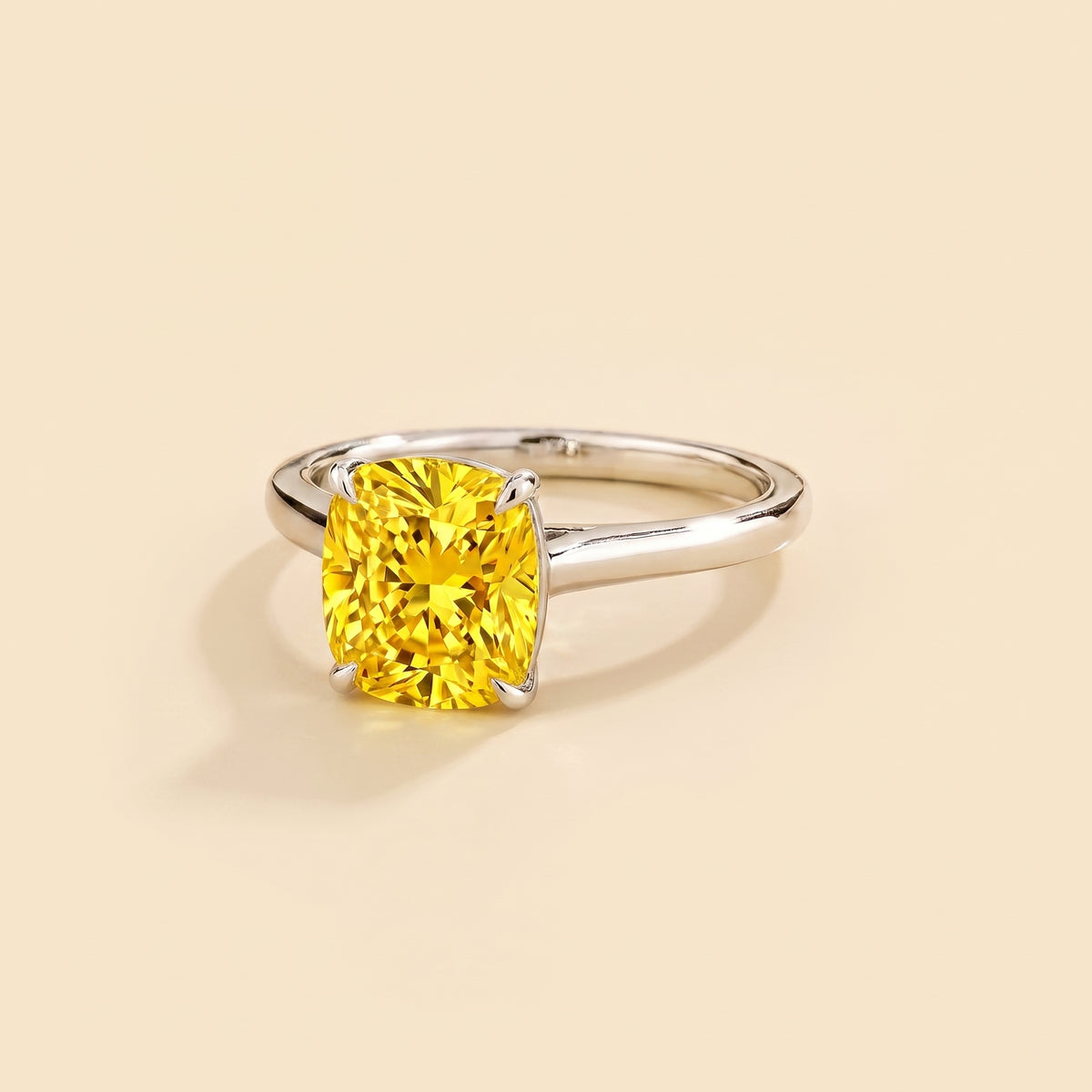 Iris Cushion Shape Yellow Sapphire Cathedral Solitaire Ring three quarter