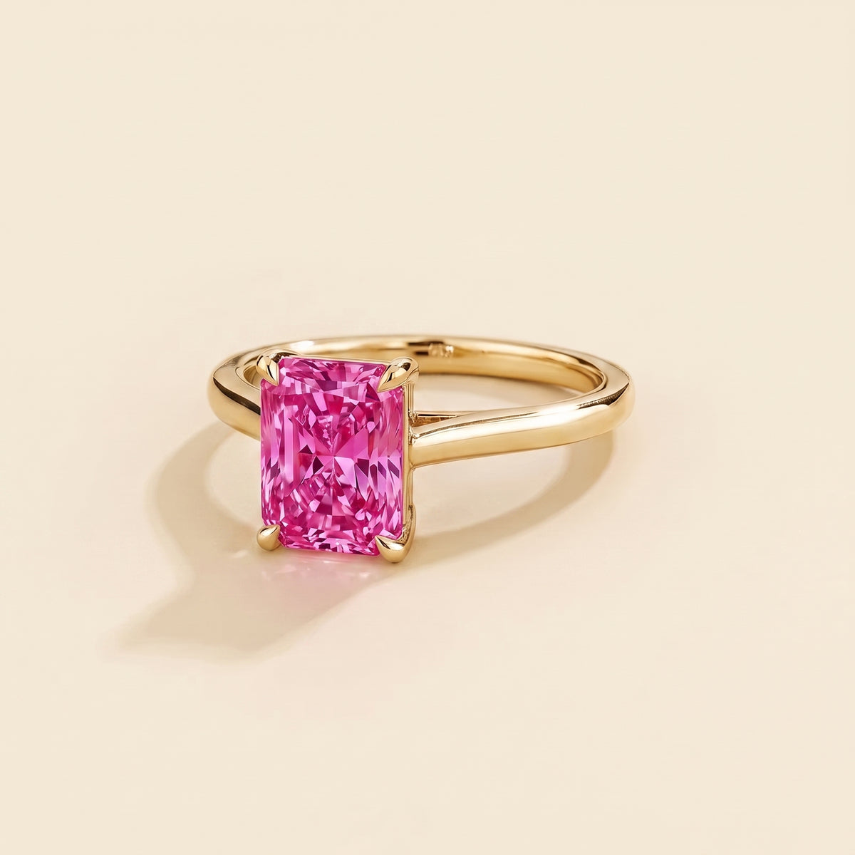Clair Radiant Shape Vivid Pink Sapphire Cathedral Solitaire Ring three quarters
