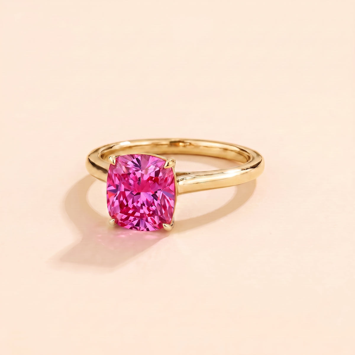 Iris Cushion Shape Vivid Pink Sapphire Cathedral Solitaire Ring three quarter