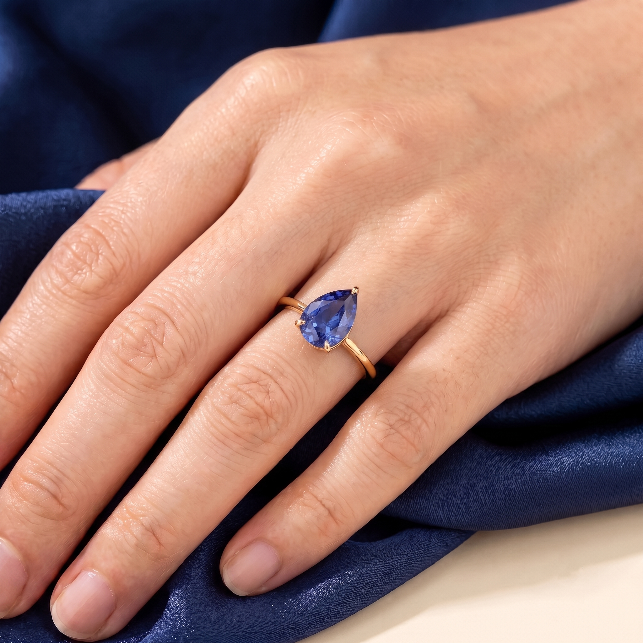 A model is wearing Pandal Pear Shape Blue Sapphire Cathedral Solitaire 
