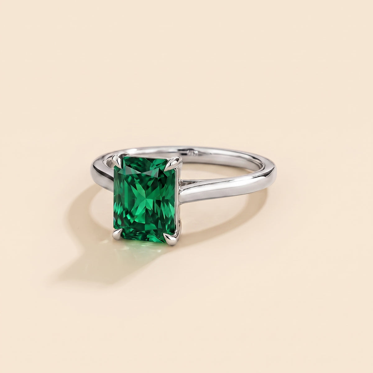 Clair Radiant Shape Emerald Cathedral Solitaire Ring three quarters