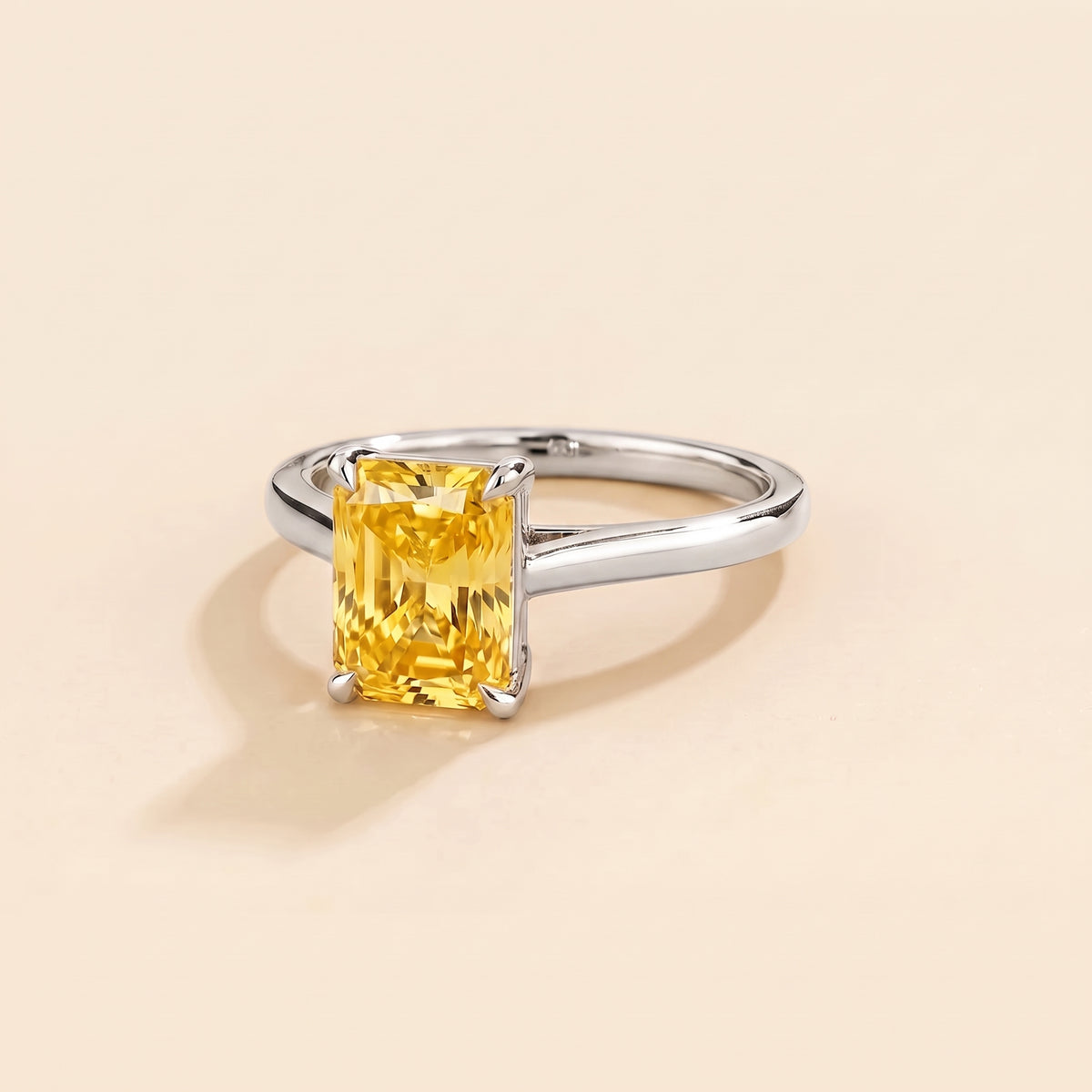 Clair Radiant Shape Yellow Saphire Cathedral Solitaire Ring three quarters