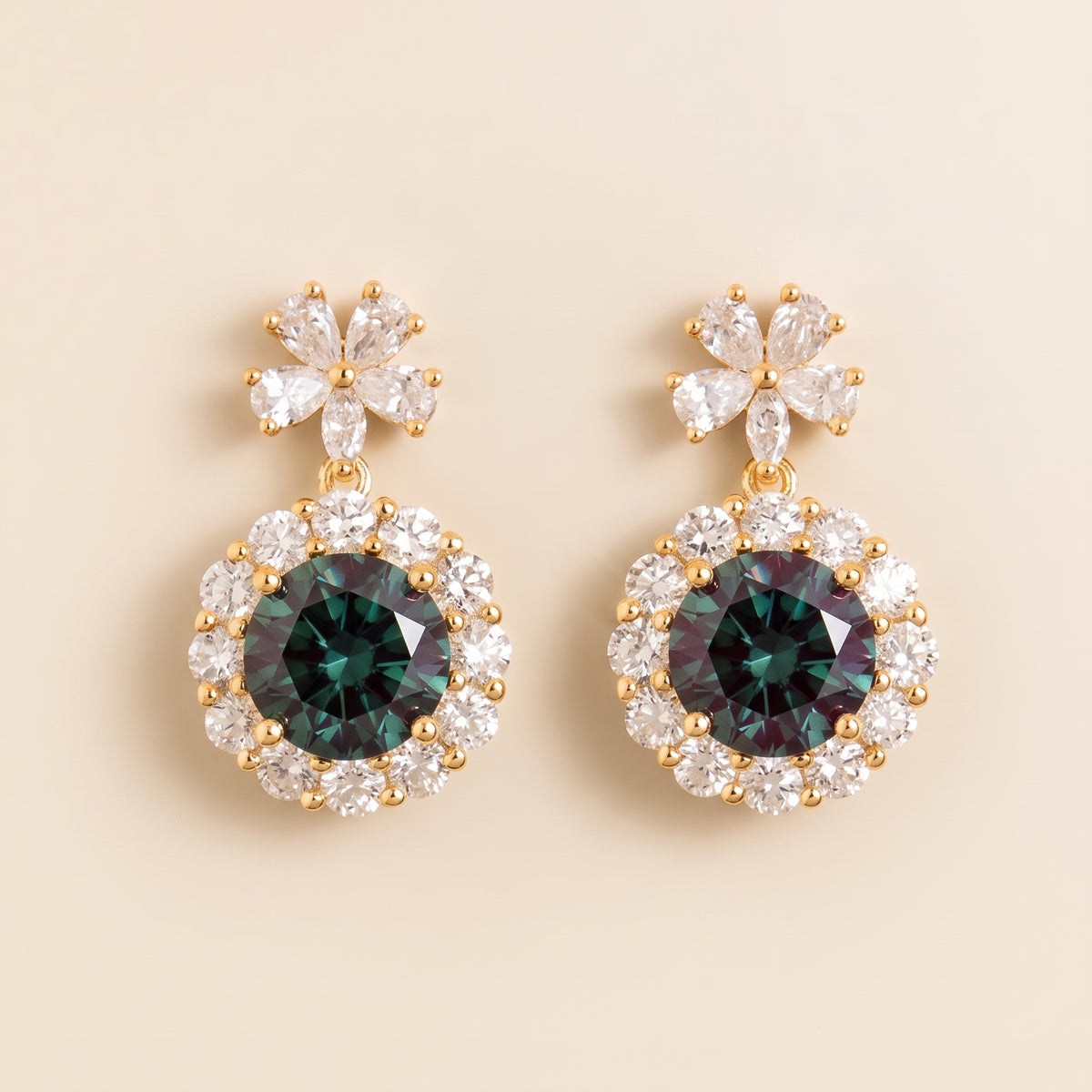 Antoinette Round Alexandrite & Diamond Halo Pendant Earrings with Flower Bail front