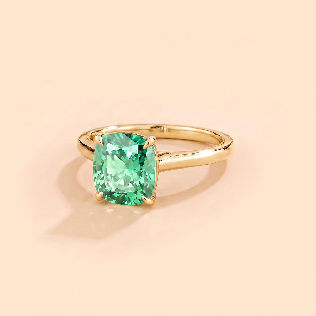 Iris Cushion Shape Green Sapphire Cathedral Solitaire Ring three quarters