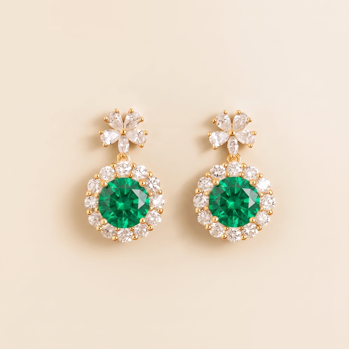 Antoinette Round Emerald & Diamond Halo Pendant Earrings with Flower Bail front