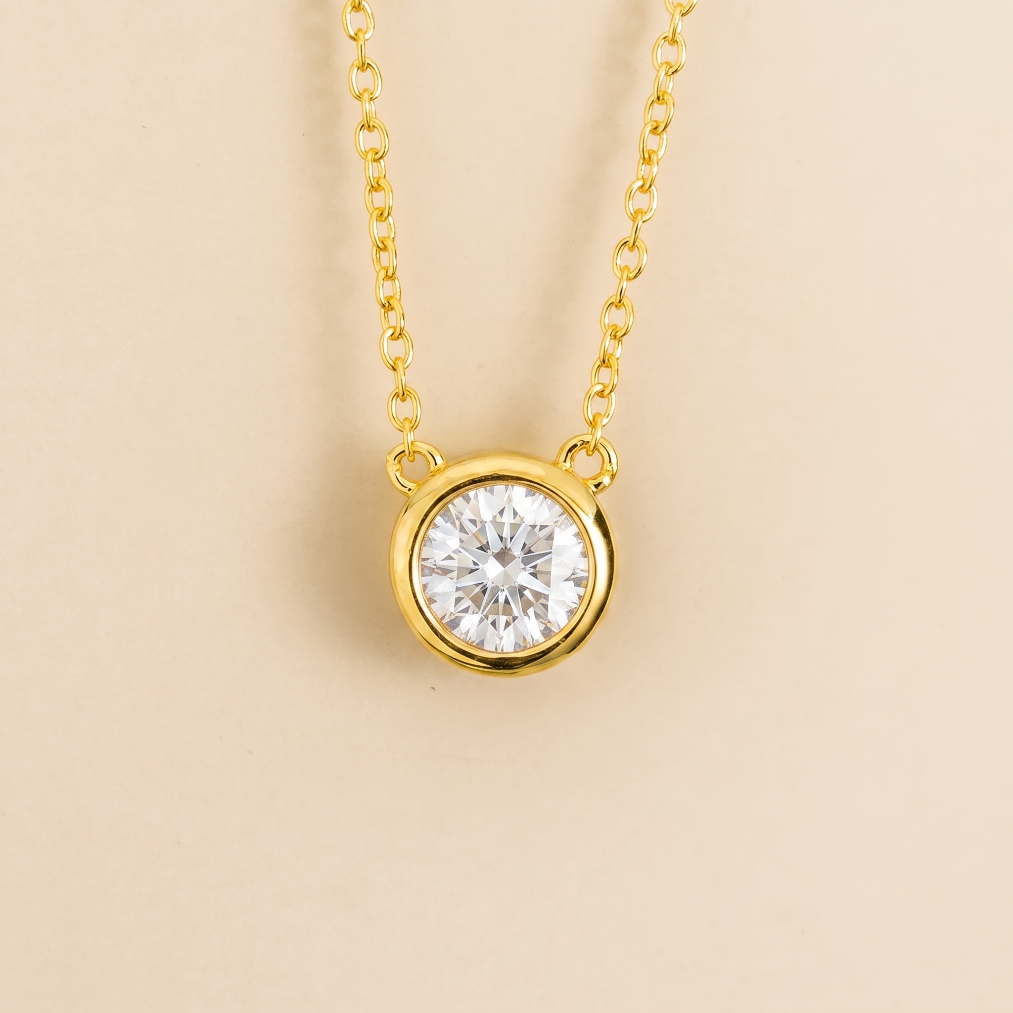 Margo Diamond Round Bezel Set Solitaire Gold Necklace by Juvetti, bespoke jewellery London
