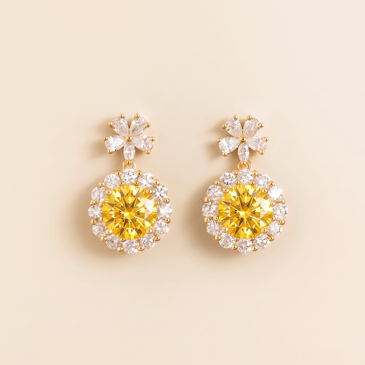 Antoinette Round Yellow Sapphire & Diamond Halo Pendant Earrings with Flower Bail front