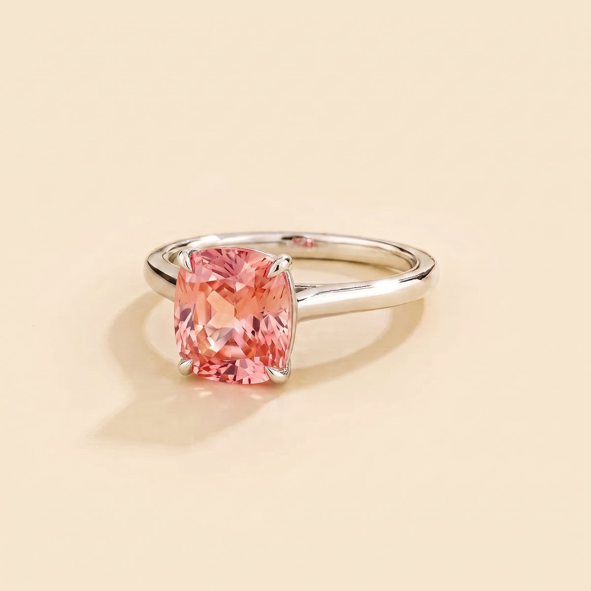 Iris Cushion Shape Padparadscha Sapphire Cathedral Solitaire Ring three quarter
