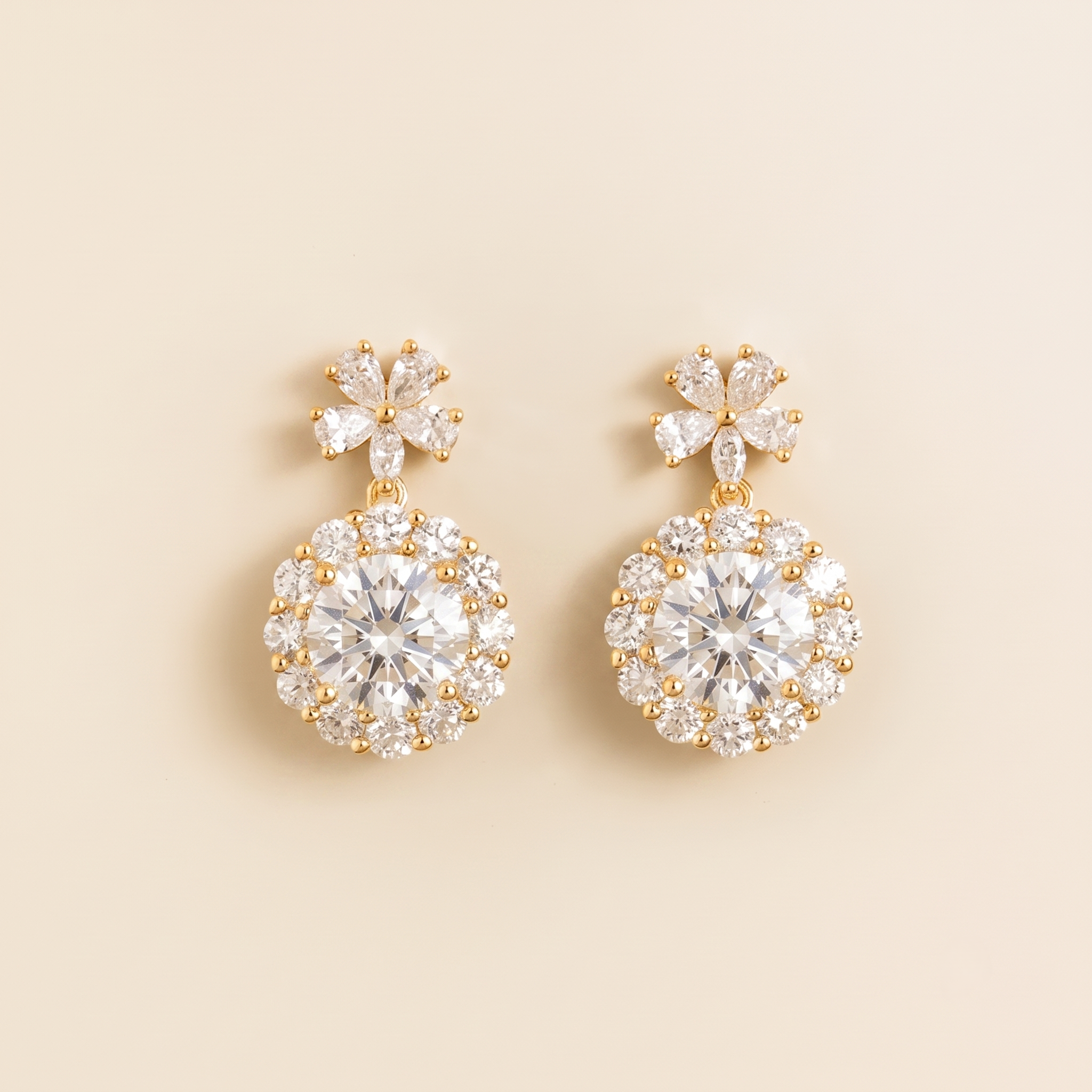 Round  Diamond Halo Pendant Earrings with Flower Bail in Gold