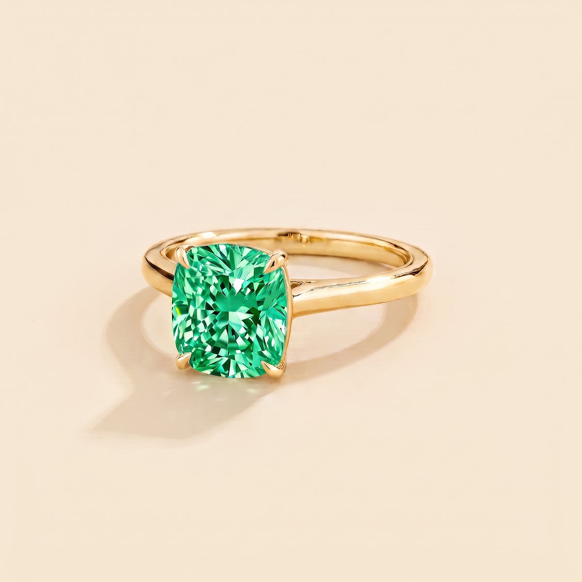 Iris Cushion Shape Green Sapphire Cathedral Solitaire Ring three quarter