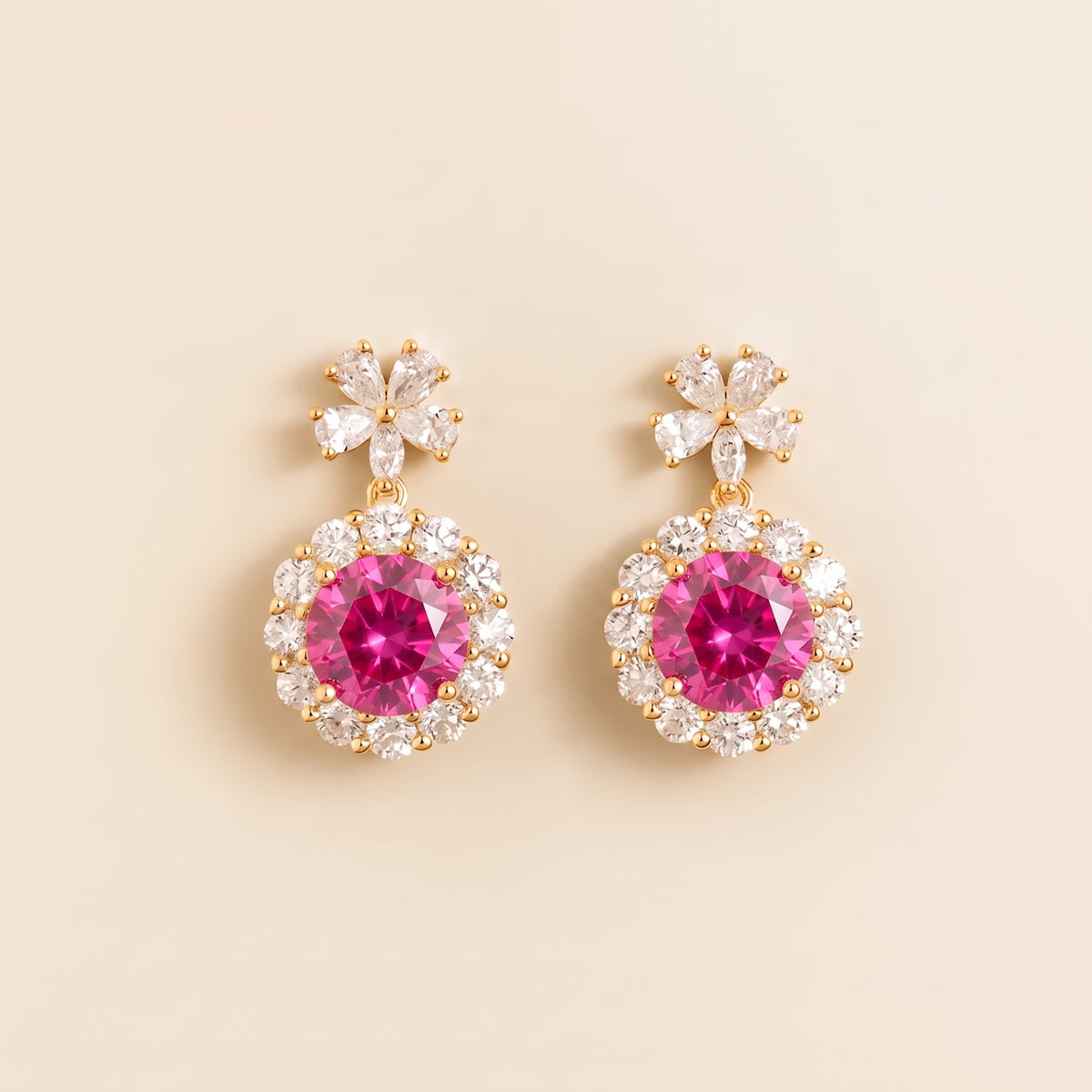 Antoinette Round Vivid Pink Sapphire & Diamond Halo Pendant Earrings with Flower Bail  front