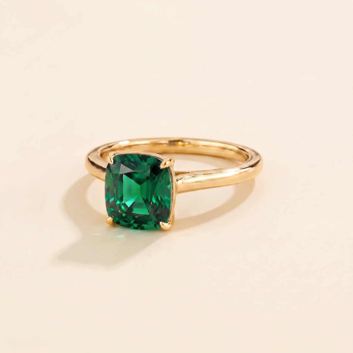 Iris Cushion Shape Emerald Cathedral Solitaire Ring three quarter
