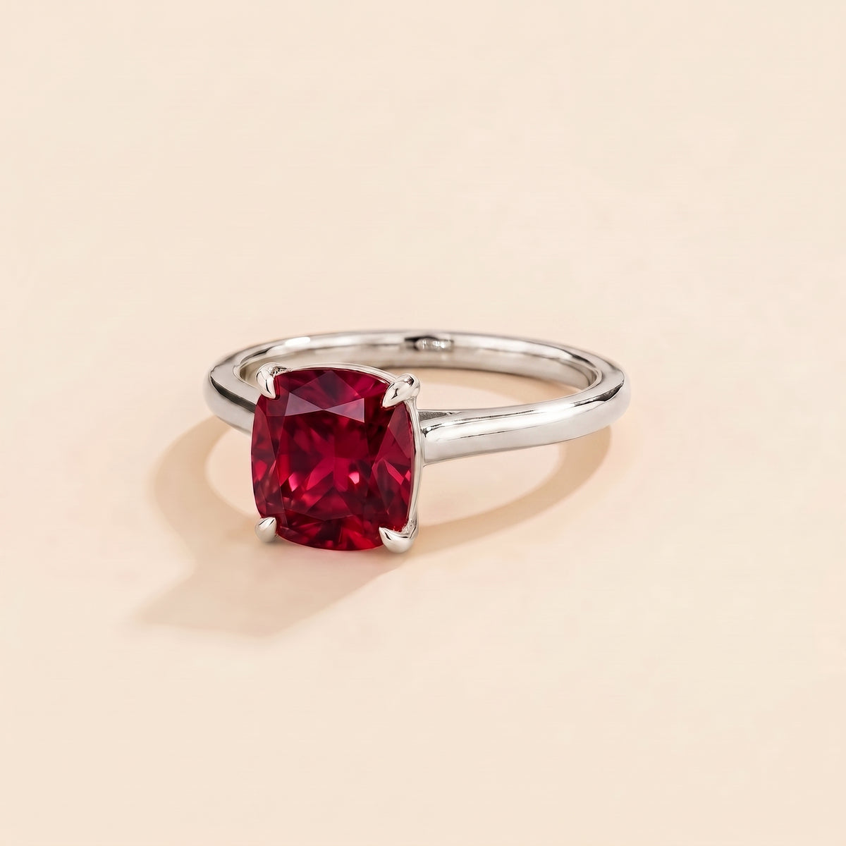 Iris Cushion Shape Ruby Cathedral Solitaire Ring three quarter