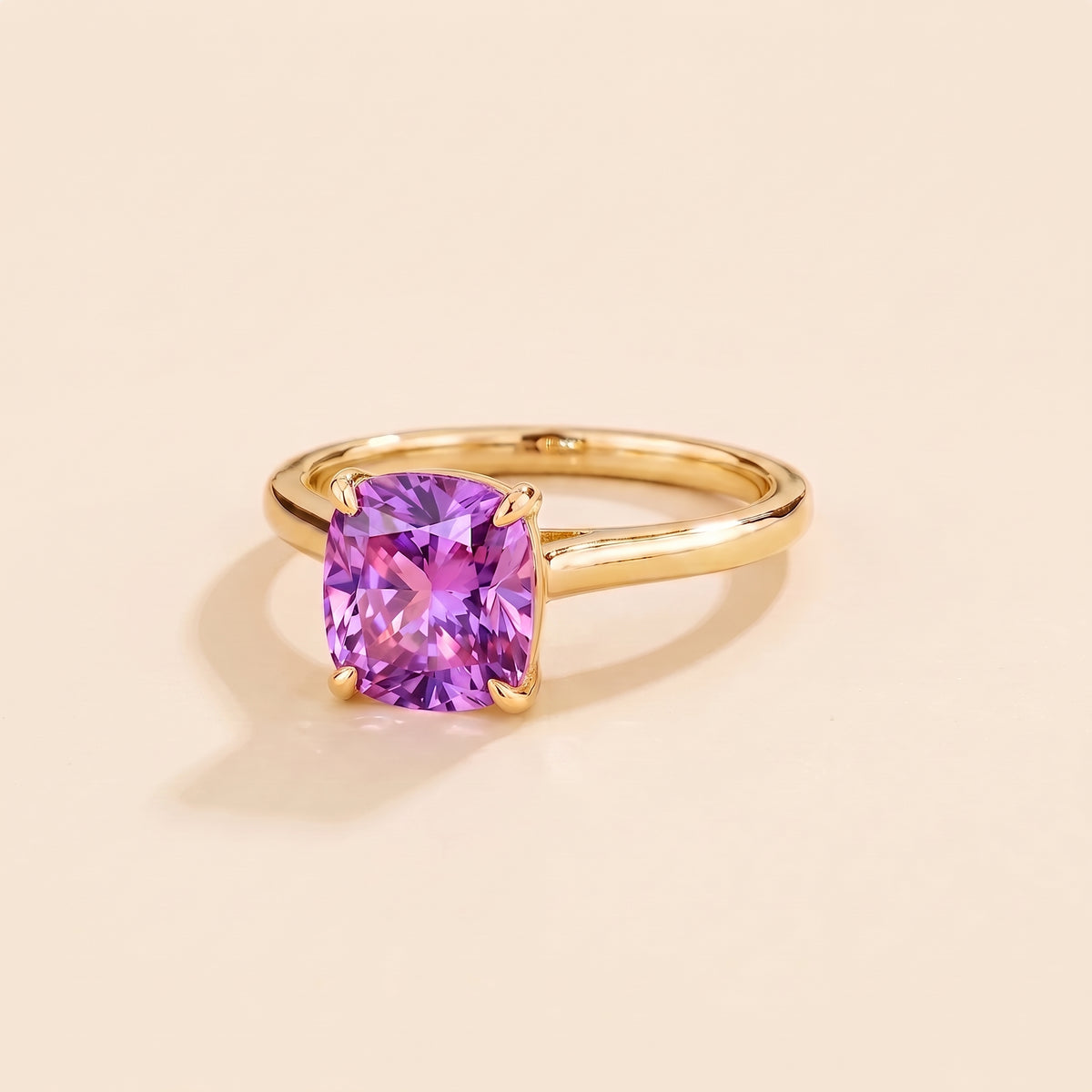 Iris Cushion Shape Purple Sapphire Cathedral Solitaire Ring three quarters