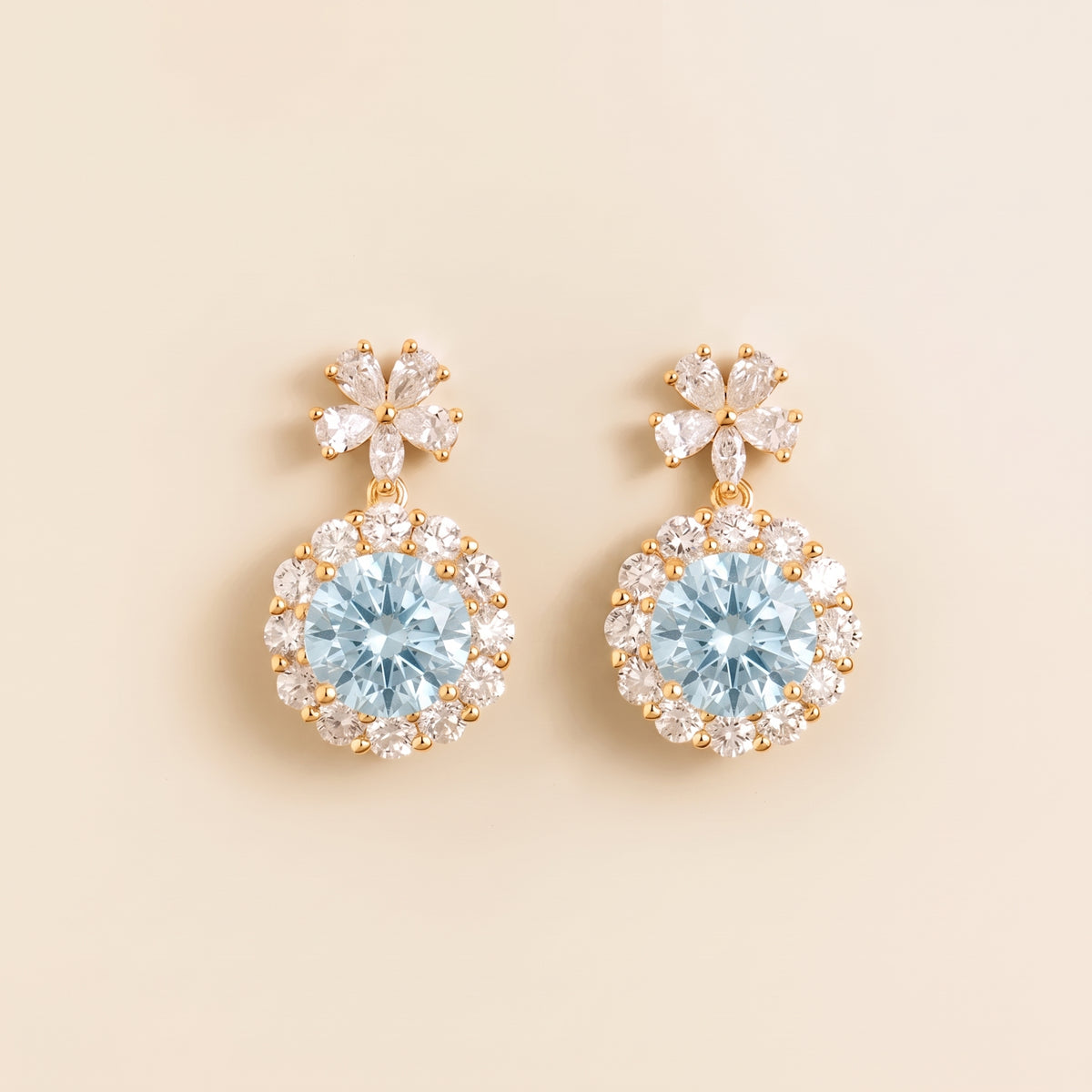 Antoinette Round Aquamarine & Diamond Halo Pendant Earrings with Flower Bail front
