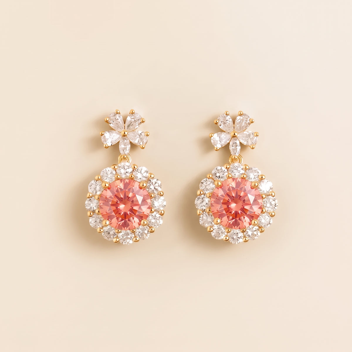 Antoinette Round Padparadscha Sapphire & Diamond Halo Pendant Earrings with Flower Bail in Gold