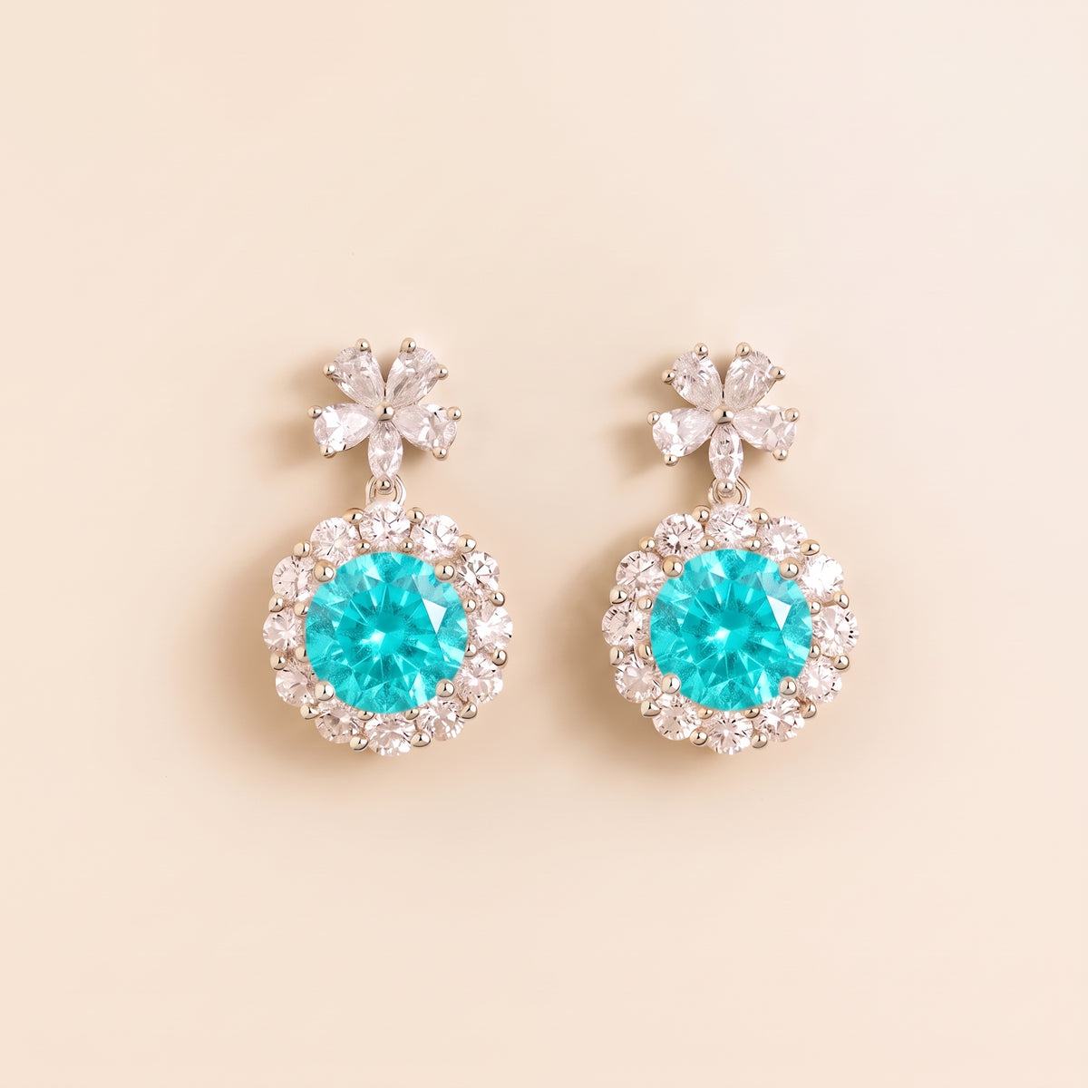 Antoinette Round Paraiba Tourmaline & Diamond Halo Pendant Earrings with Flower Bail front
