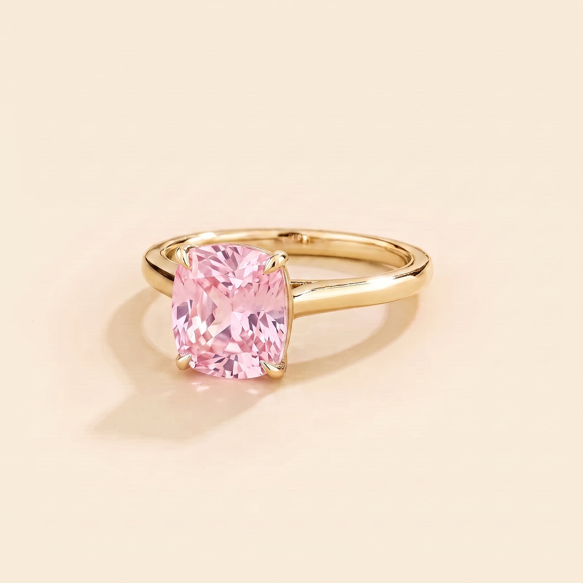 Iris Cushion Shape Pastel Pink Sapphire Cathedral Solitaire Ring three quarter