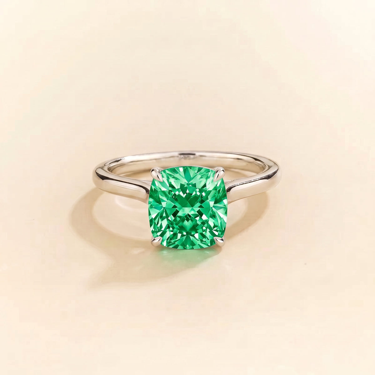Iris Cushion Shape Green Sapphire Cathedral Solitaire Ring front