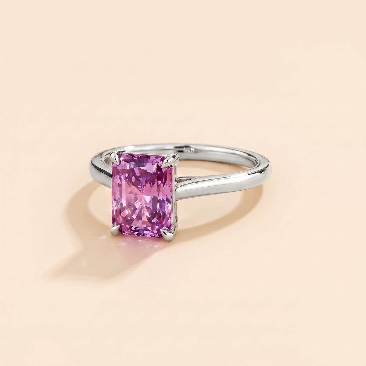Clair Radiant Shape Purple Sapphire Cathedral Solitaire Ring three quarters