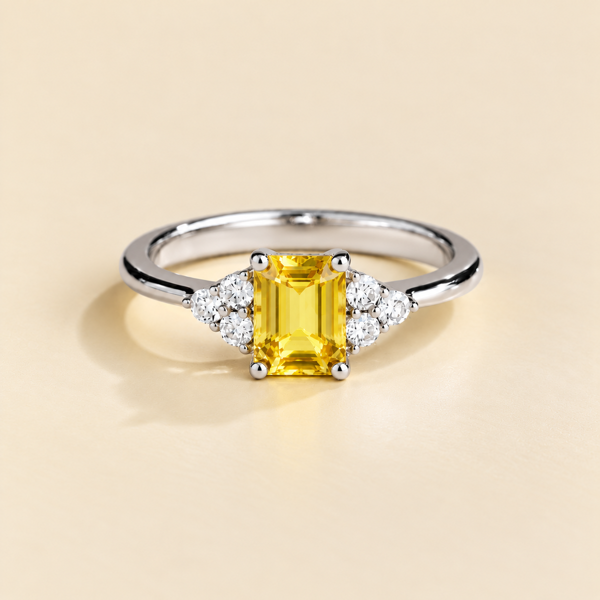 Emerald-cut lab-grown yellow sapphire and diamond Chateau ring in white gold | Juvetti London
