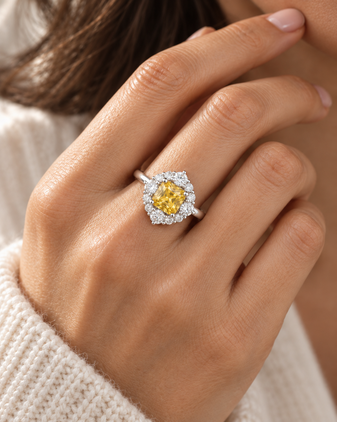 Tuli Cushion-Cut Yellow Sapphire & Diamond Halo Ring in White Gold – view 3