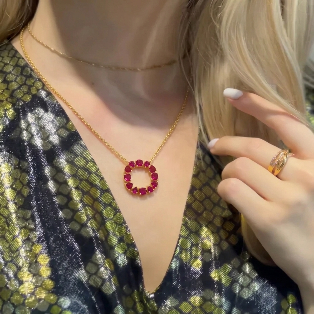 Glorie Ruby Circle Pendant Necklace in Gold