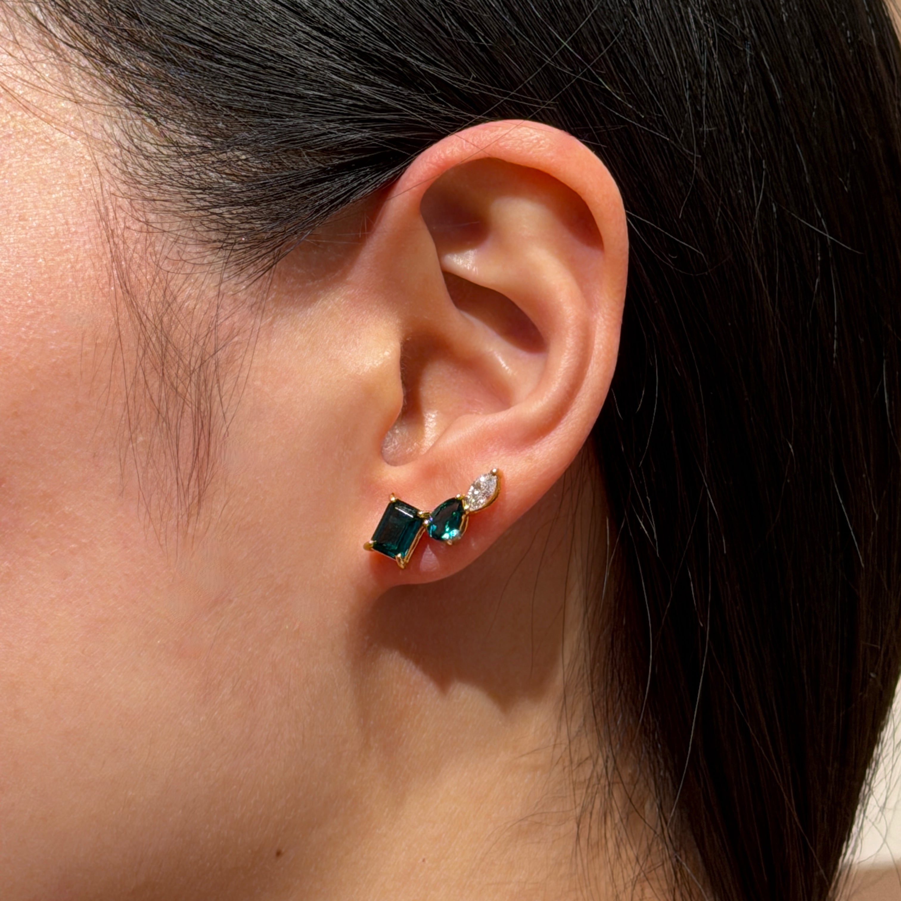 Kriva Emerald & Diamond 3-Gemstones Stud Earrings in Gold