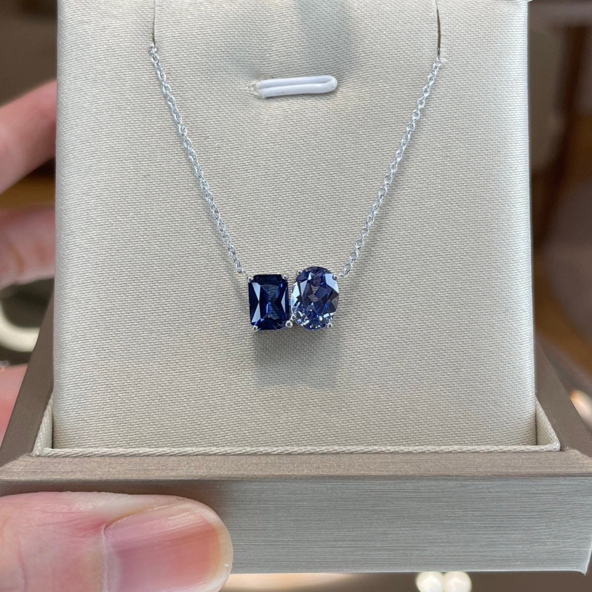 Buchon Blue Sapphire Two-Stone Emerald-Cut & Oval Pendant White Gold Necklace