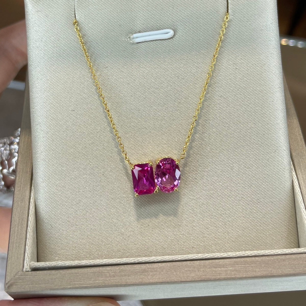Buchon Pink Sapphire Two-Stone Emerald-Cut & Oval Pendant White Gold Necklace