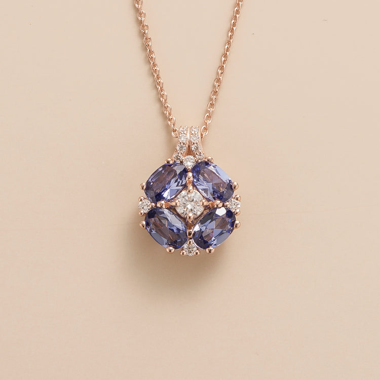 Juvetti Bespoke Jewellery London Pristi Rose Gold Necklace Diamonds and Pastel Blue Sapphire