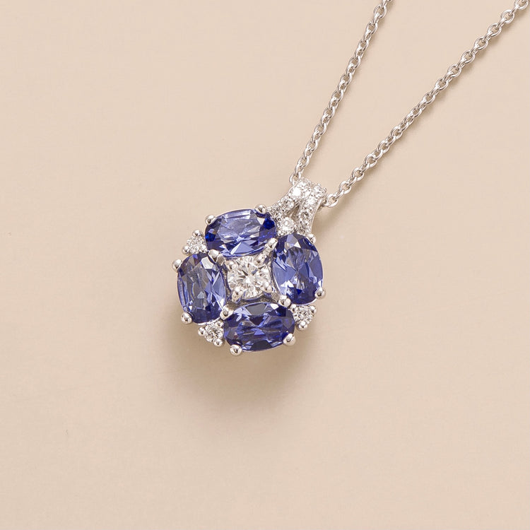 Juvetti Bespoke Jewellery London Pristi White Gold Necklace Diamonds and Pastel Blue Sapphire
