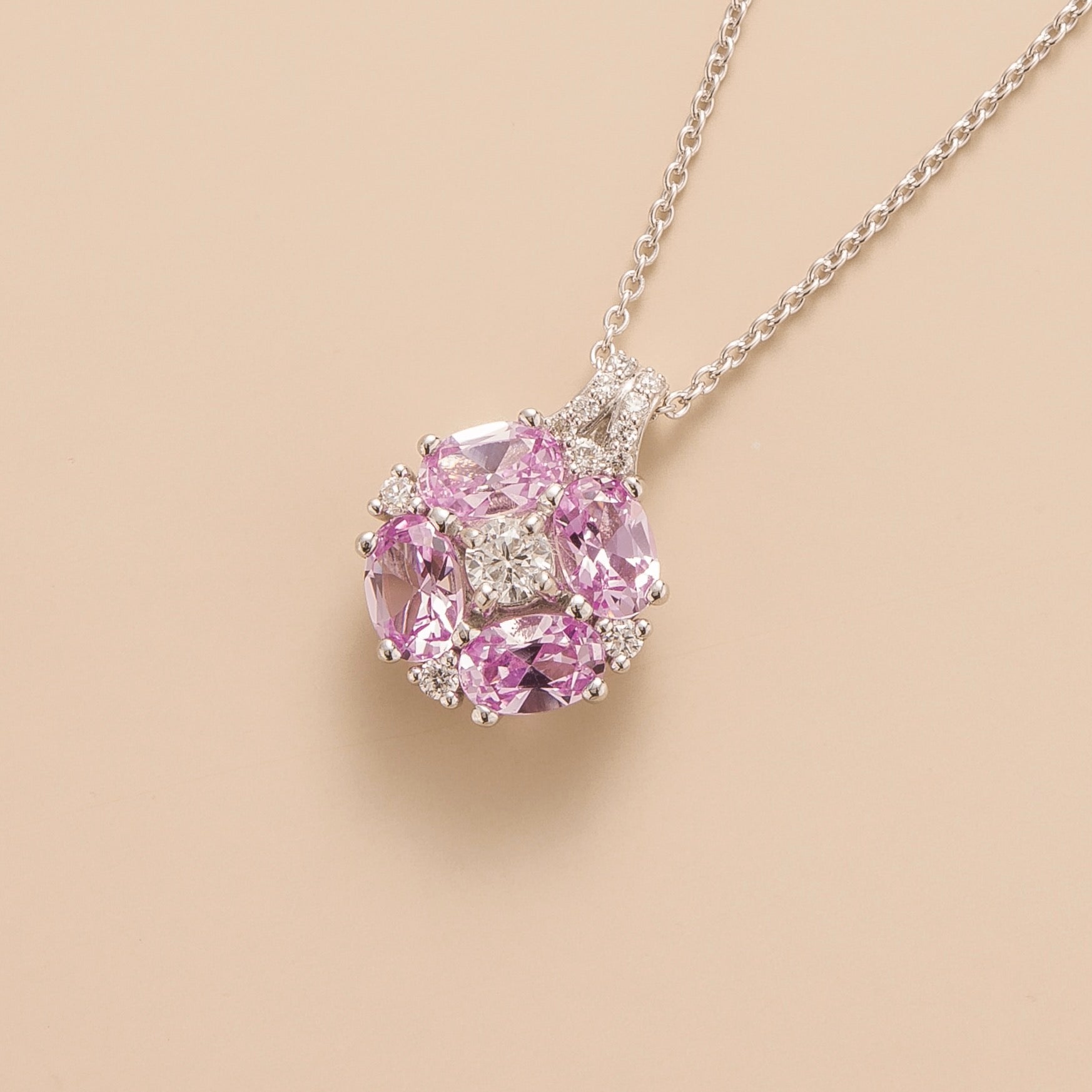 Juvetti Bespoke Jewellery Pristi white gold necklace Diamond and Pink sapphire