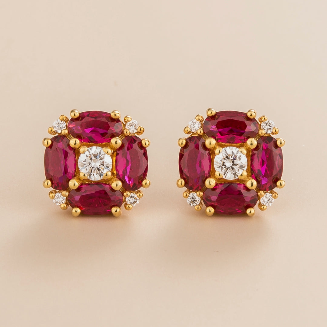 Pristi earrings in 18K gold vermeil set with lab grown Diamond and oval Ruby gem stones.