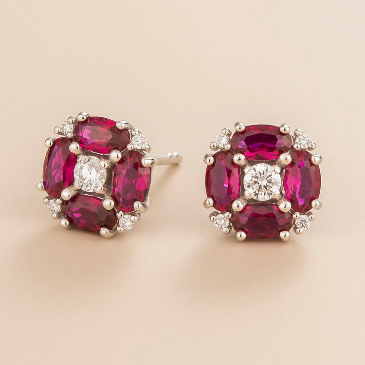 Pristi earrings in 18K white gold vermeil set with lab grown Diamond and oval Ruby gem stones.
