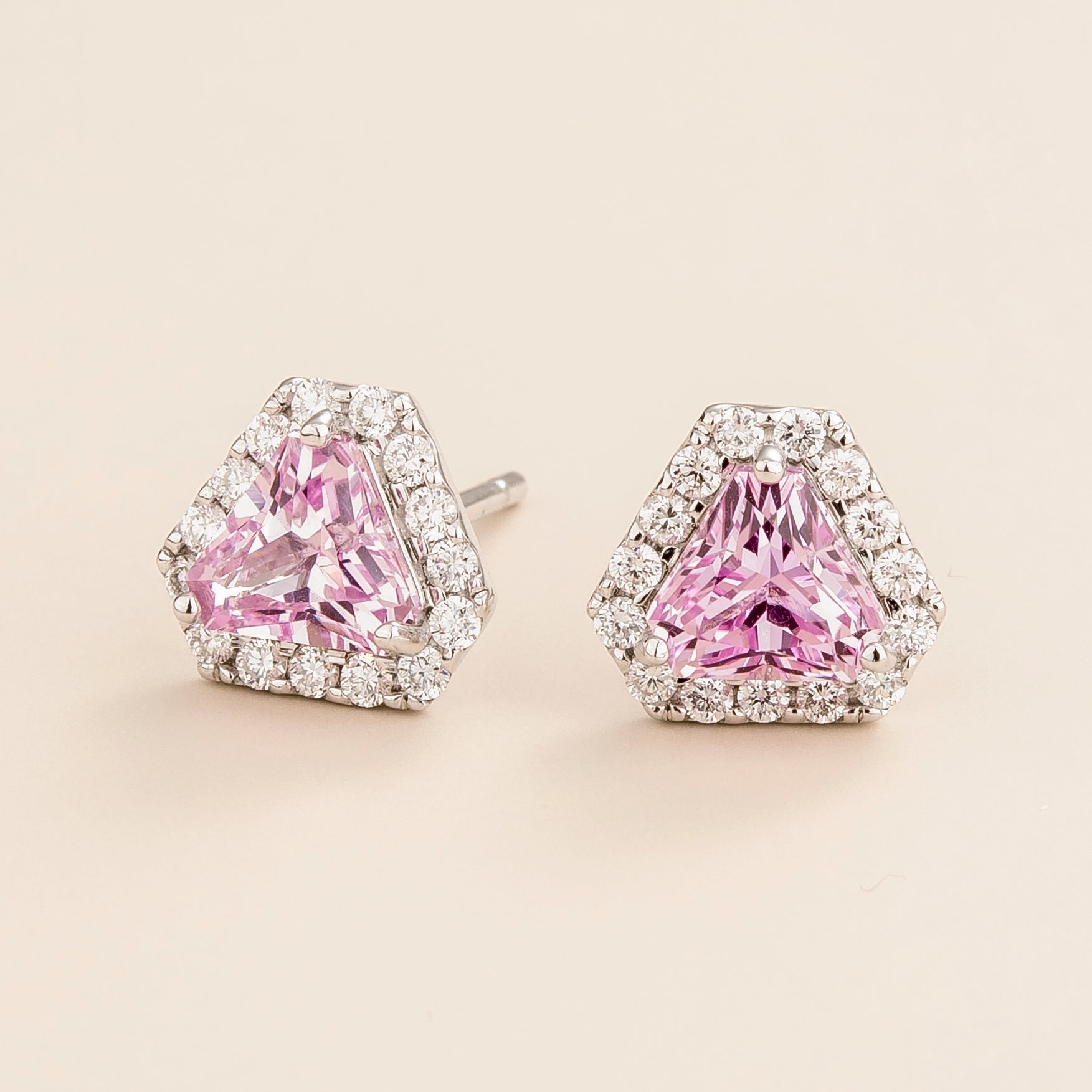 Diana Pastel Pink Sapphire Triangle Cut & Diamond Halo Stud Earrings in White Gold