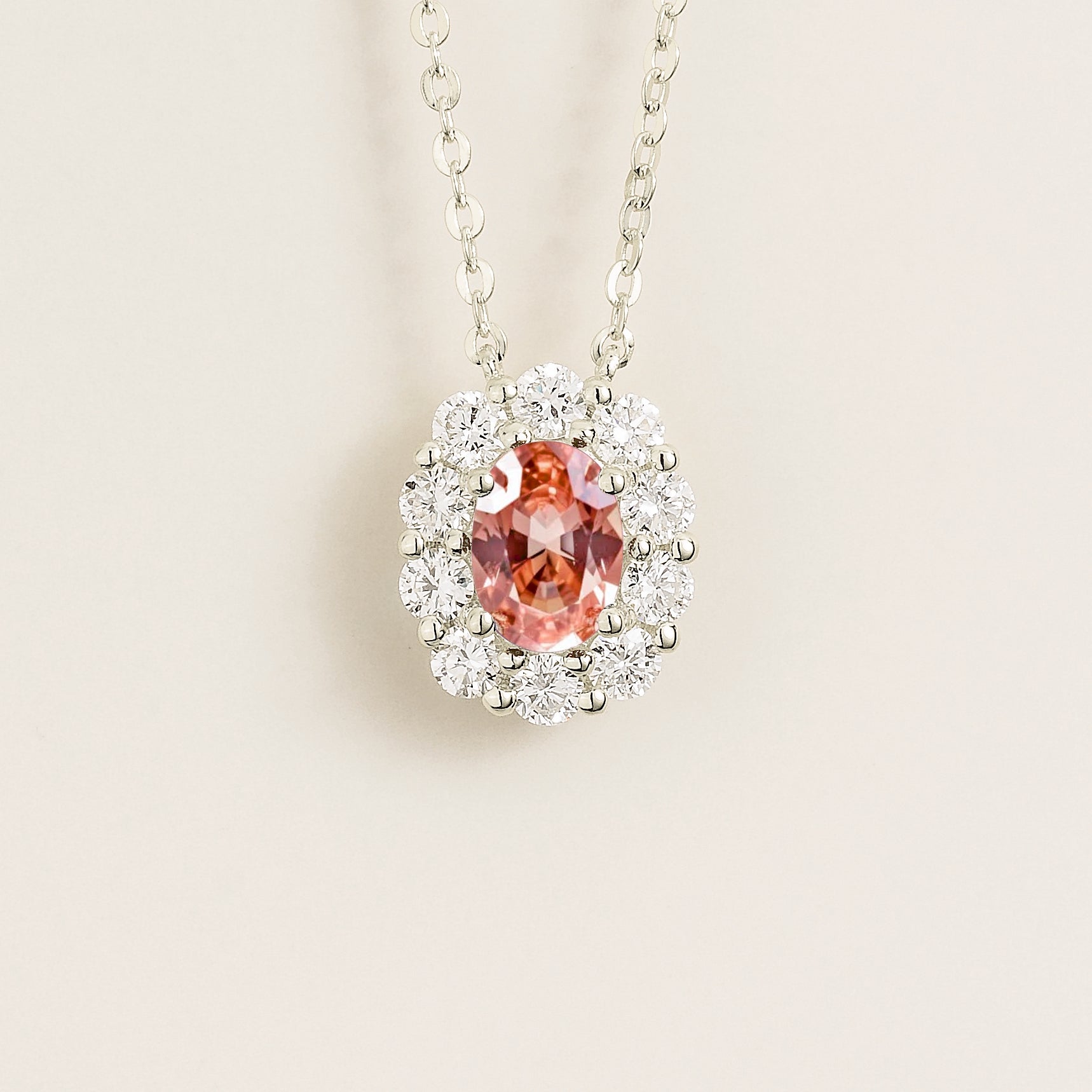 Prill Padparadscha Sapphire Oval & Diamond Halo Necklace In White Gold