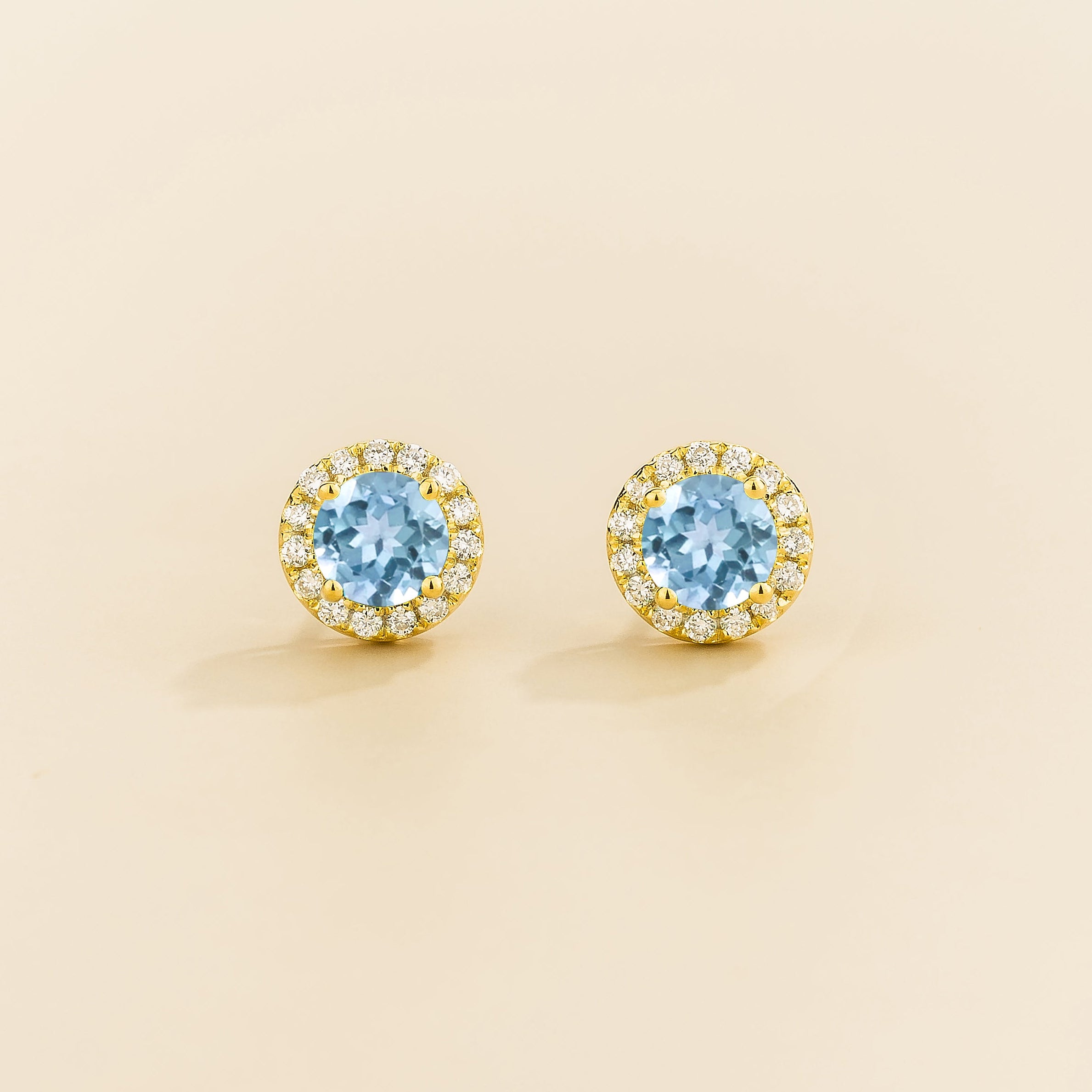 Mars Aquamarine Round & Diamond Halo Earrings In Gold