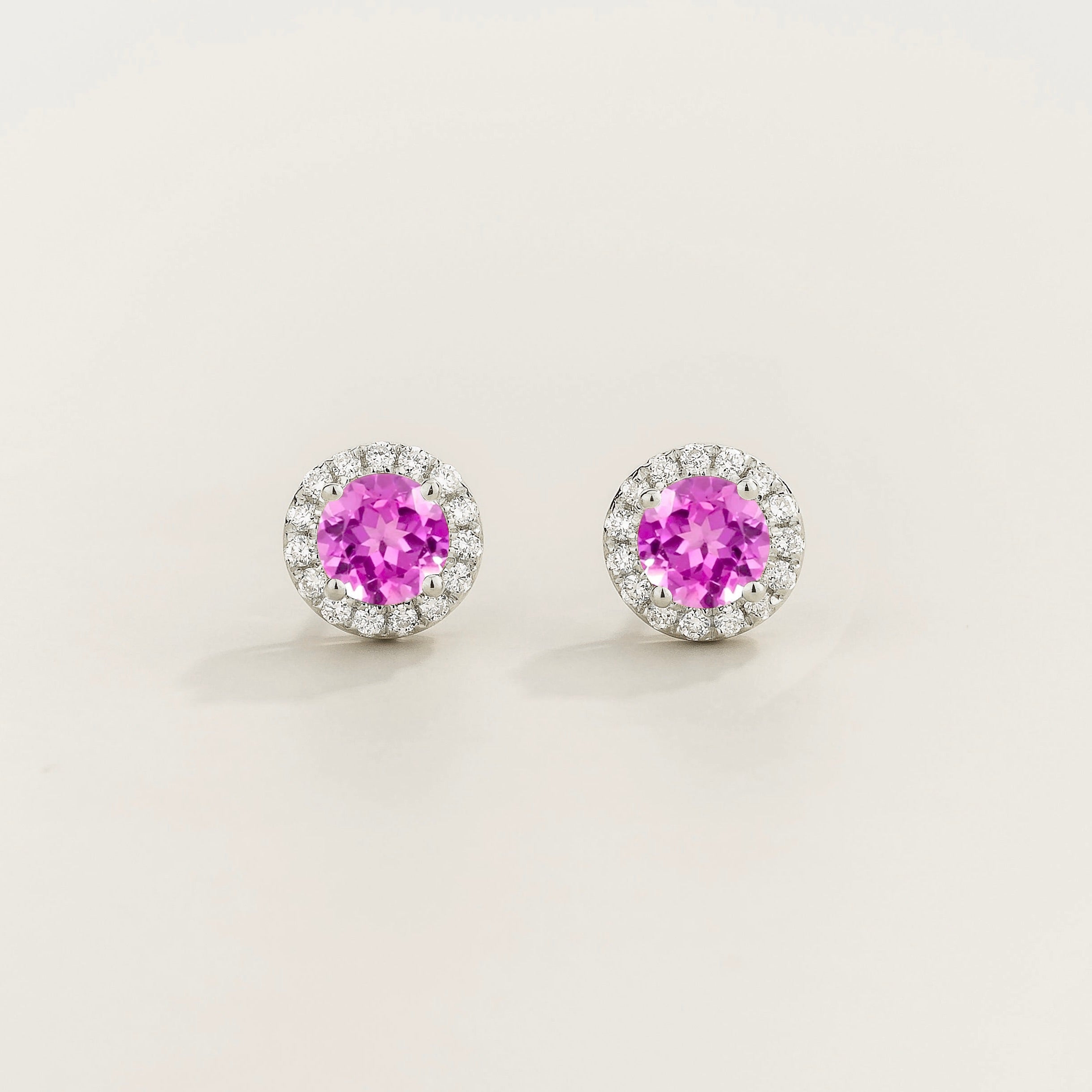 Mars Pink Sapphire Round & Diamond Halo Earrings In White Gold