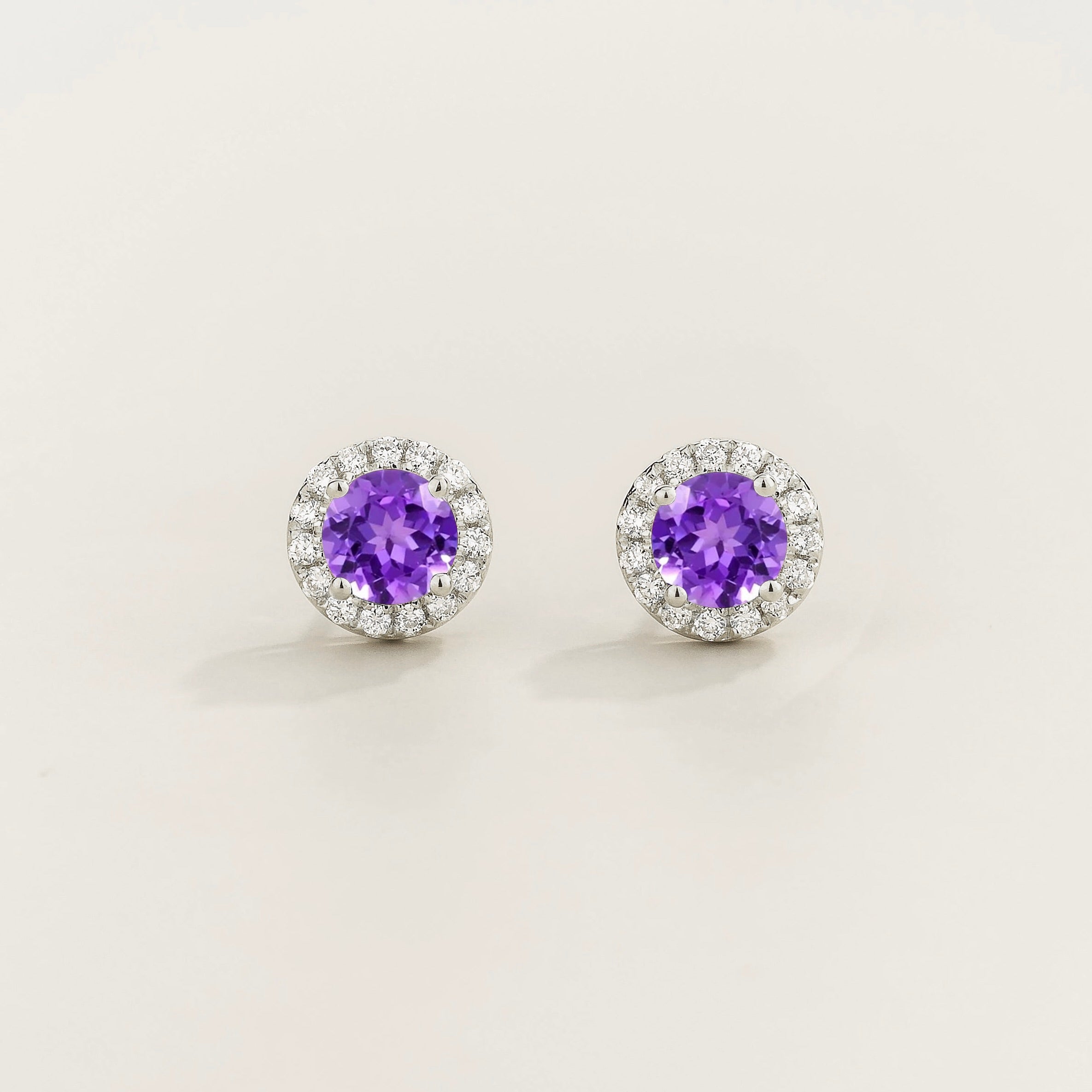 Mars Purple Sapphire Round & Diamond Halo Earrings In White Gold