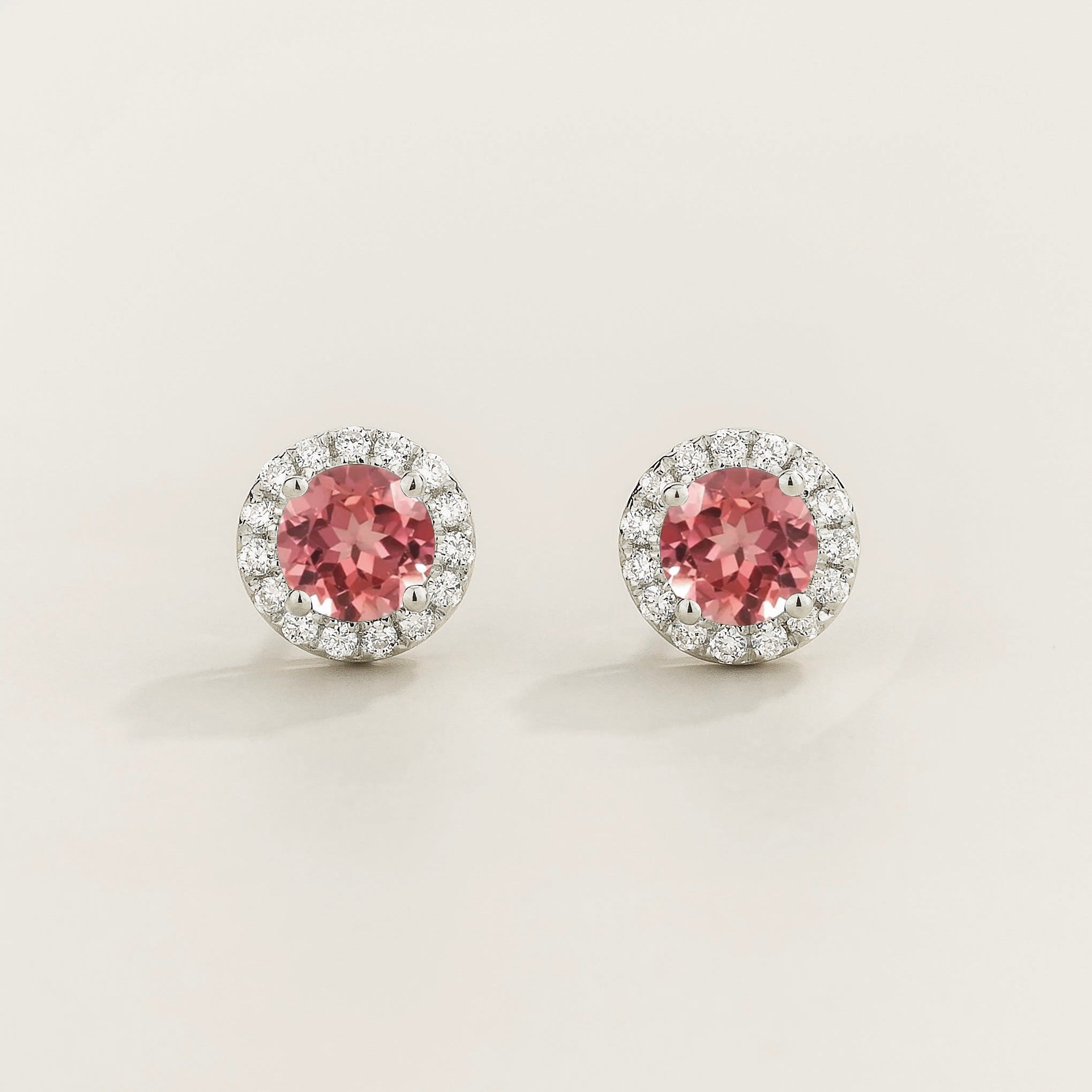 Mars Padparadscha Sapphire Round & Diamond Halo Earrings In White Gold