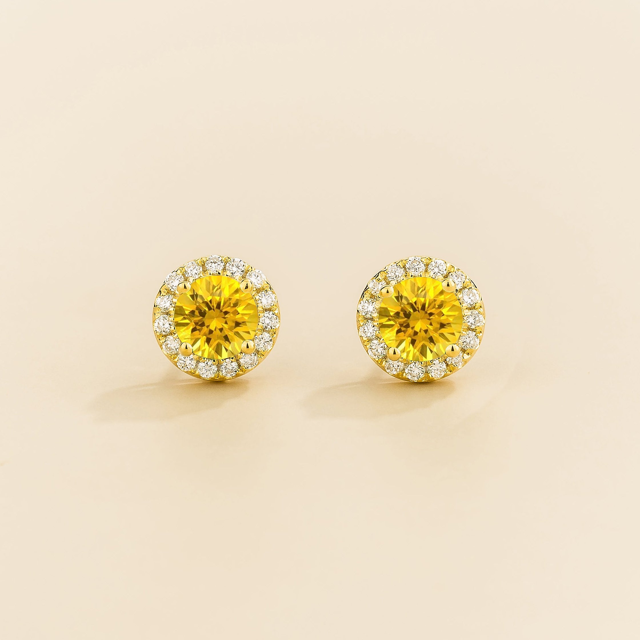 Mars Yellow Sapphire Round & Diamond Halo Earrings In Gold