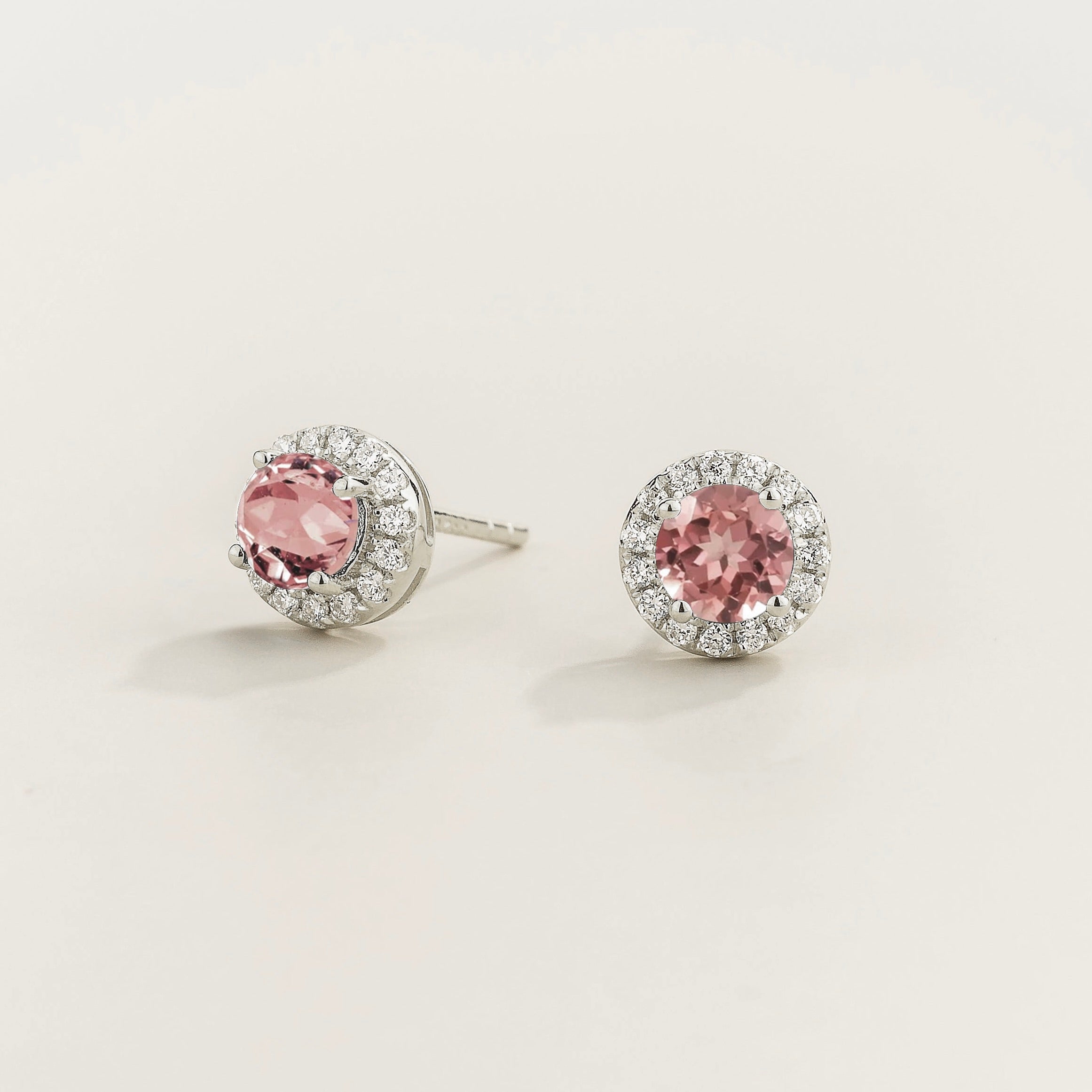 Mars Morganite Round & Diamond Halo Earrings In White Gold