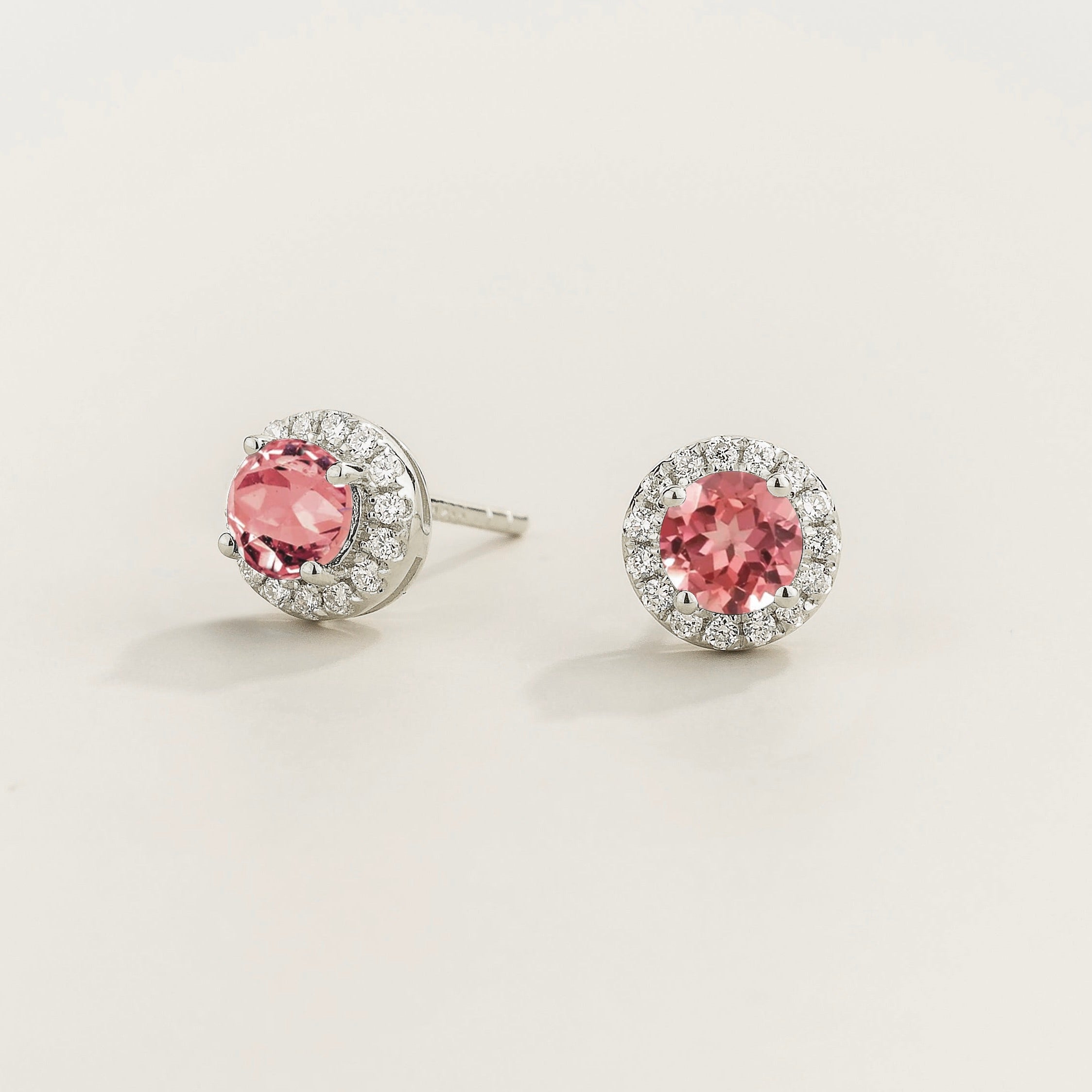 Mars Padparadscha Sapphire Round & Diamond Halo Earrings In White Gold