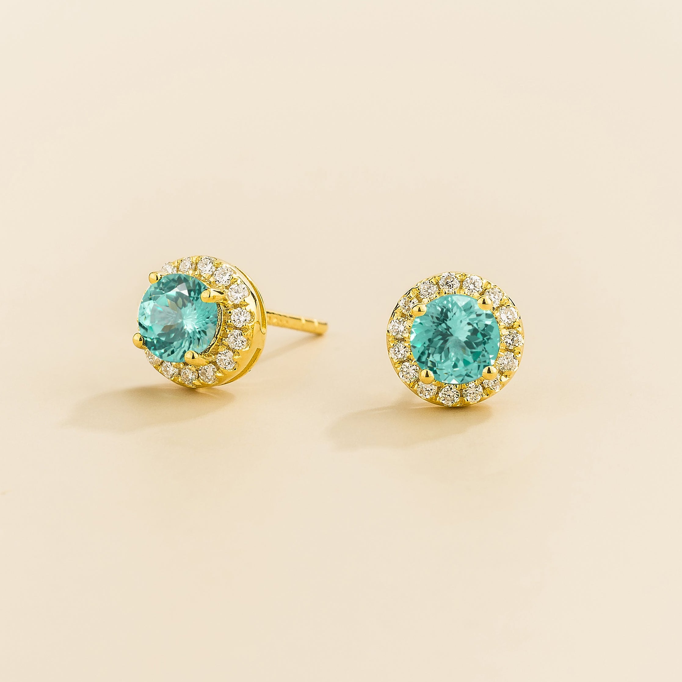Mars Paraiba Round & Diamond Halo Earrings In Gold